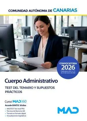 Cuerpo Administrativo Test del Temario y Supuestos Practicos. Comunidad Autonoma Canarias 2026